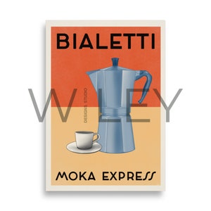 May include: A vintage-style poster featuring a blue Bialetti Moka Express coffee maker with a cup of coffee on a saucer. The poster has a red and orange background with the text "BIALETTI" and "MOKA EXPRESS" in black.