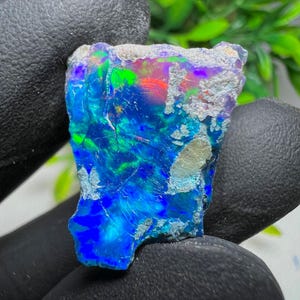Könnte beinhalten: Ein lebendiger, roher Opal-Edelstein mit einer auffälligen Farbgebung. Der Stein hat eine tiefblaue Basis mit grünen, roten und violetten Lichtreflexen. Die raue Textur und die natürliche Form des Opals sind sichtbar, was seinen einzigartigen Charakter zeigt.