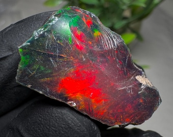 Puede incluir: Una piedra preciosa de ópalo en bruto de tonos oscuros con destellos vibrantes de color rojo y verde en su superficie pulida e irregular. La piedra muestra una calidad translúcida con tonos profundos y saturados y una textura suave y reflectante.