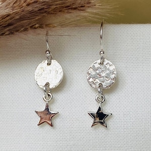 Star Dangle Earrings- Sterling Silver Star Earrings- Textured Earrings- Dangle Earrings- Minimalist Earrings- Gift for Her- Charm Earrings