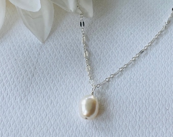 Sterling Silver Freshwater Pearl Drop Necklace - Dainty Lace Chain