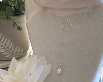 Sterling Silver Y Necklace: Freshwater Pearl, Hammered Circle