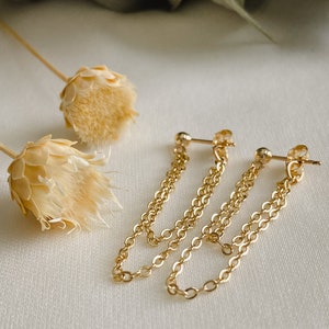 Gold Ohrstecker Kette Ohrringe-14k Gold Füllte Doppel Ketten Ohrringe- 925 Silber Baumeln Ohrringe- Moderne Ohrringe- Geschenk für sie - Bolzen Tropfen Ohrring