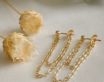 Gold Filled Double Chain Stud Earrings: Minimalist Dangle Earrings