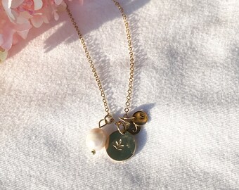 Gold Flower Initial Necklace: Pearl Accent, Hand Stamped 14k Gold Filled Pendant