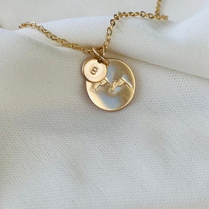 May include: Gold necklace with a small round pendant featuring the letter "B" and a larger round pendant with a design of two birds in flight.