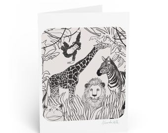Safari Animal Line Art Greeting Cards | Giraffe Lion Zebra Hippo Monkey