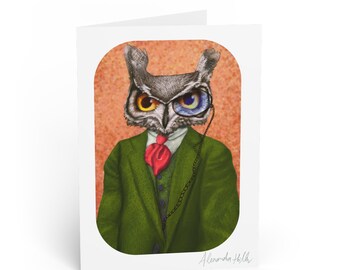 Whimsical Owl Gentleman Belated Birthday Card | Dapper Suit Monocle Illustration