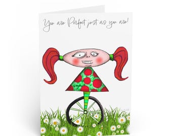 Whimsical Pigtail Girl Unicycle Greeting Card | Encouragement Card