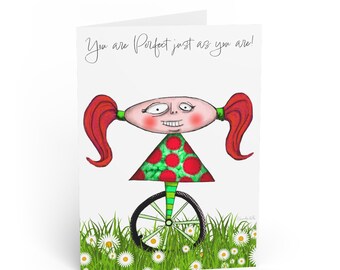 Tarjeta de felicitación/tarjeta de ánimo con diseño de niña con coletas y monociclo.