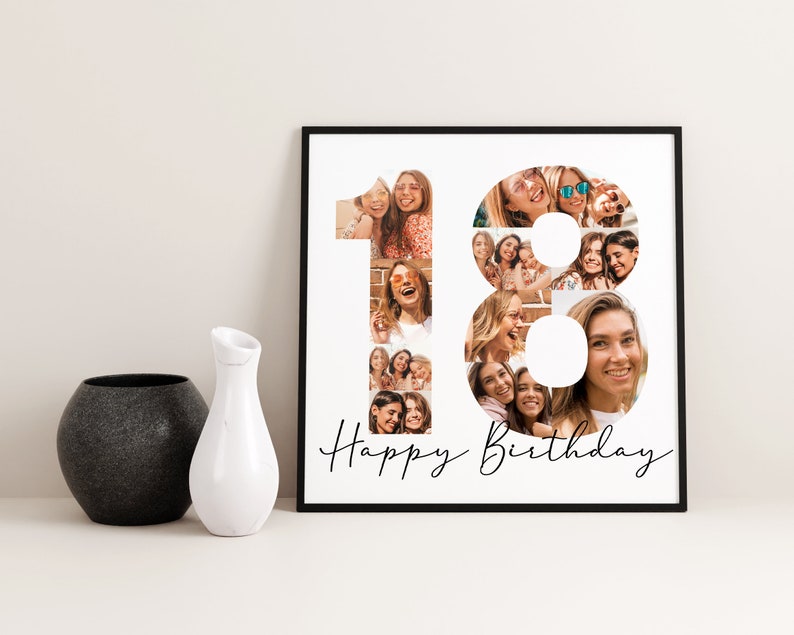 May include: A black framed photo collage with the numbers 18 made of photos of people. The text "Happy Birthday" is written below the numbers.