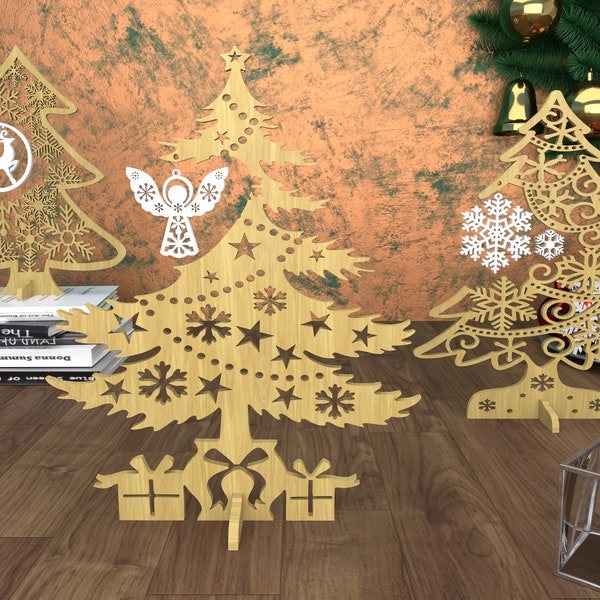 3 verschiedene Laser-Cut-Dateien, stehende Weihnachtsbäume mit Hirschgeschenken und Schneemann, Laser-Cut-Dateien, digitaler Download, SVG, Dxf, Pdf, Cdr, Ai