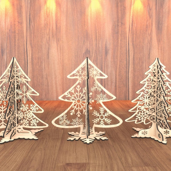 3 Different Laser Cut Files Standing Trees  Christmas Snowflake SVG Craft templates Cricut Glowforge | SVG Dxf Pdf Cdr Ai Digital Download