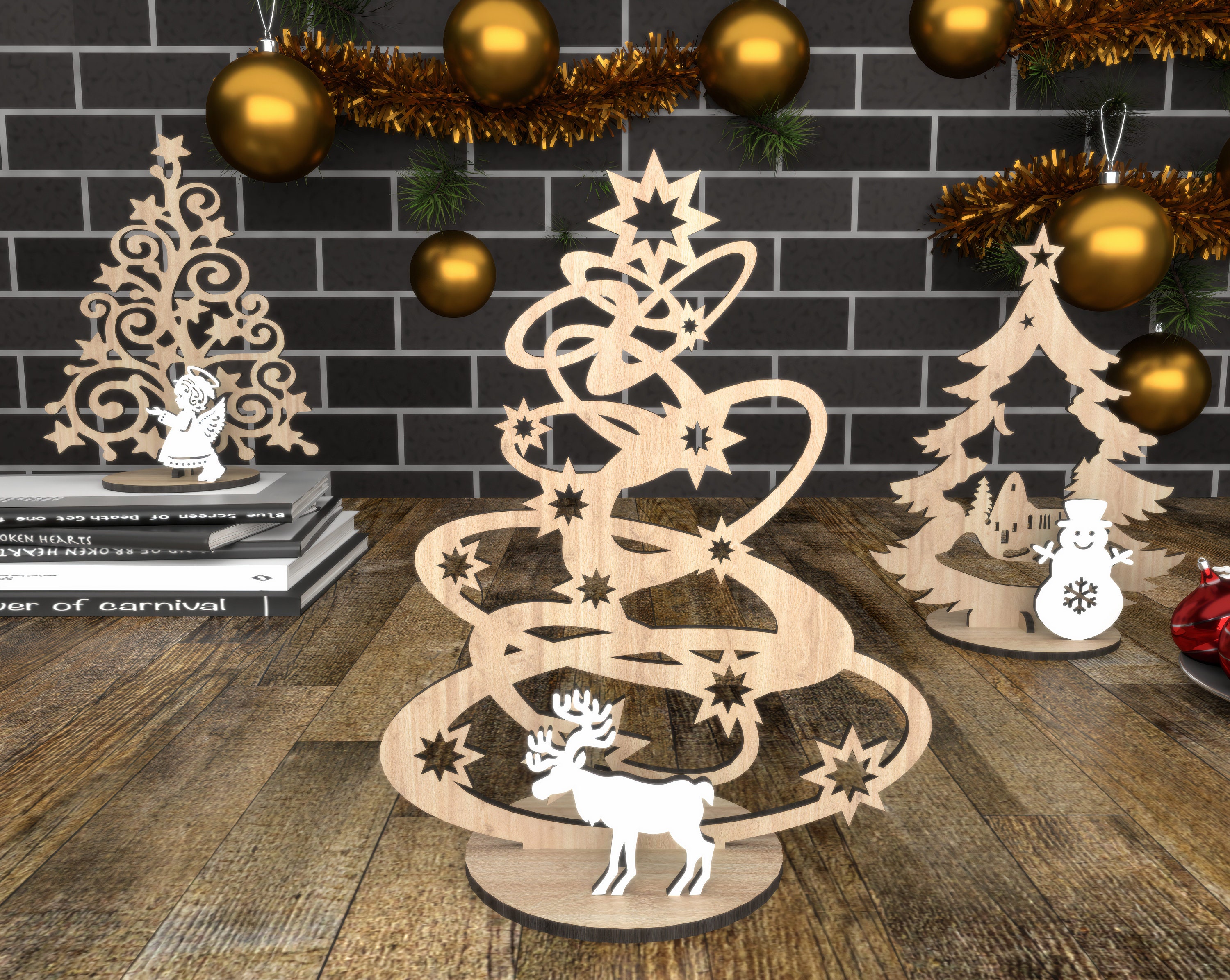 2-seitig Bedruckter Hirsch Weihnachtsschmuck Aus Holz – 9 Cm, Mit Band, Für Baum & Deko