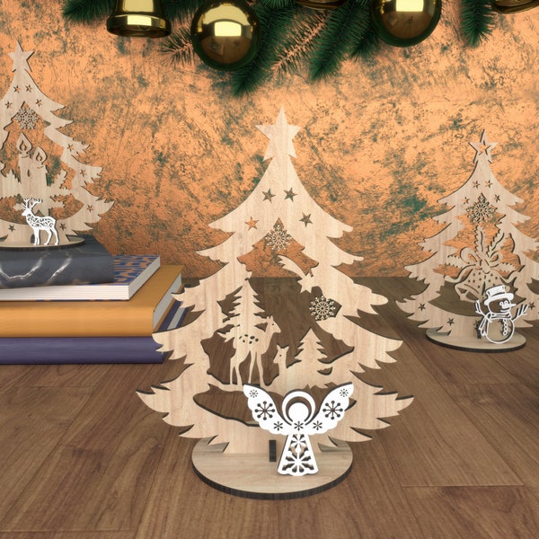 3 verschiedene Laser-Cut-Dateien, stehende Weihnachtsbäume mit Hirschgeschenken und Schneemann, Laser-Cut-Dateien, digitaler Download, SVG, Dxf, Pdf, Cdr, Ai