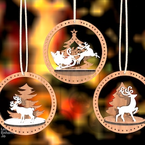 Boule de Noël 3D découpée au laser en bois avec des cadeaux de cerf et un bonhomme de neige Fichiers découpés au laser Téléchargement numérique SVG Dxf Pdf Cdr Ai