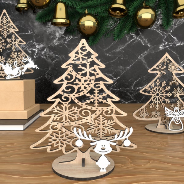 3 Different Laser Cut Files Standing Christmas Trees with Deer Gifts and Snowman Laser cut files Digital Download SVG Dxf Pdf Cdr Ai