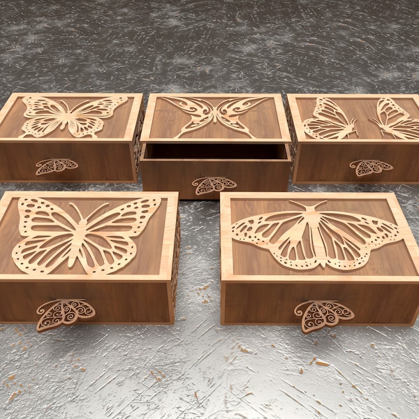 5-Pattern Laser Cut Jewelry Box Bundle with Butterfly Design - Digital Files Download SVG Dxf Pdf Cdr Ai