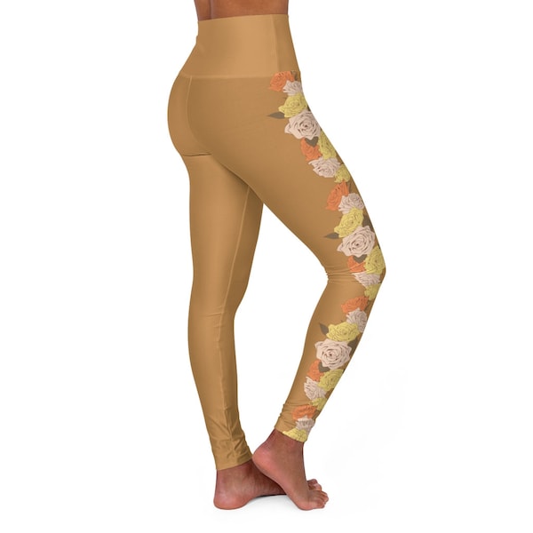 Tan Floral Yoga Leggings - High Waisted