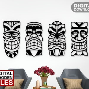 Tiki Masken Laser geschnitten svg dxf Dateien Wandaufkleber Gravur Aufkleber Kontur Vorlage cnc Zuschnitt Fräser digitaler Vektor instand download