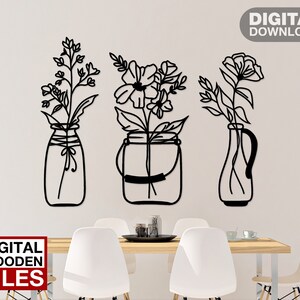 Fleurs en pots découpées au laser, svg, fichiers dxf, gravure d'autocollant mural, silhouette modèle cnc découpe routeur numérique vecteur instand téléchargement