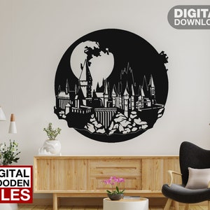 Zweinstein kasteel ontwerp lasergesneden SVG DXF-bestanden muur sticker gravure silhouet sjabloon CNC snijden router digitale vector instand downloaden