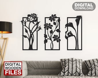 Flower Flowers Frame wall decor laser cut svg dxf files wall sticker engraving template cnc cutting router digital vector instand download