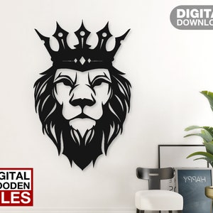 King Lion corte láser svg dxf archivos pared pegatina grabado calcomanía silueta plantilla cnc corte router digital vector instand descargar