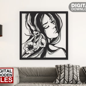 Belle fille Wall Decor découpé au laser svg dxf fichier sticker mural gravure sticker silhouette modèle cnc routeur vecteur numérique téléchargement instand