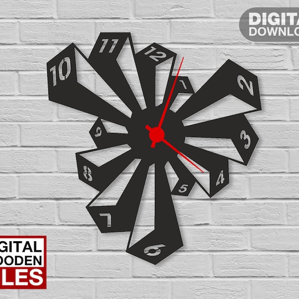 Wooden Modern Wall Clock,  Geometric Clock, Laser Cut, Home Decor, Wall art, Clock Decorative, Digital Files, Dxf, Cdr, Pdf, Svg, Ai