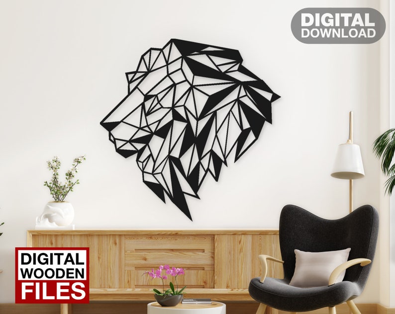 Tête de Lion géométrique découpé au laser fichiers svg sticker mural
