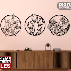 3 Flower Set decoración de pared corte láser svg dxf archivos etiqueta de la pared grabado calcomanía silueta cnc corte router digital vector instand descargar