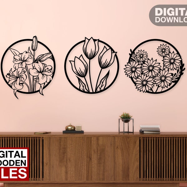 3 Flower Set wall decor laser cut svg dxf files wall sticker engraving decal silhouette cnc cutting router digital vector instand download