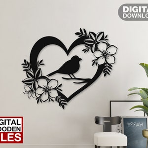 Oiseau en coeur décoration murale laser coupe svg dxf fichiers autocollant gravure silhouette modèle cnc coupe routeur numérique vecteur instand téléchargement