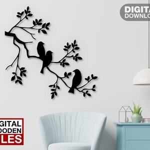 Takje met vogels lasergesneden SVG DXF-bestanden muur sticker gravure sticker silhouet sjabloon CNC snijden router digitale vector instand downloaden