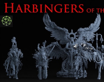 May include: A set of seven grey painted miniature figures depicting a variety of characters, including a winged angel, a demon, and a knight on horseback. The figures are arranged in a row on a black background. The text "HARBINGERS OF THE APOCALYPSE" is displayed above the figures.