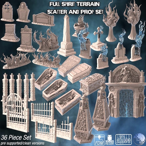 Spirit Terrain, Scatter, Scenery - gravestone, graveyard, flames, fences, coffins, obelisk, cemetery- Wargaming RPG Miniature Skirmish Games