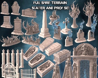 May include: A 36-piece terrain set with a graveyard theme. Includes tombstones, coffins, gates, and decorative flame and spirit elements. The set is pre-supported and designed for 3D printing.
