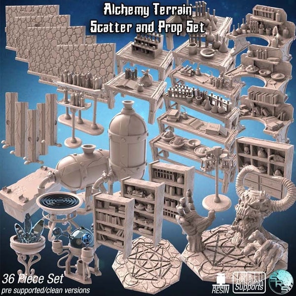 Alchemy Terrain - Tables, workbench, bottles, flasks, tanks, cauldron, bookcases, Demon Summoning - Wargaming RPG Miniature Skirmish Games