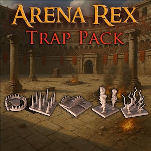May include: An illustration of a Roman arena with the text "ARENA REX TRAP PACK". The image features various traps, including a bear trap, spiked pit, and other decorative elements.