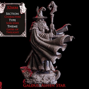 May include: A detailed 32mm sorcerer figurine, Galdus Ashen Star, from the Gates of Twilight theme. The wizard wears a long robe and hat, holding a staff. The figure stands on a rocky base with intricate detailing. The text on the image reads: 32mm, Section Characters, Type Sorcerer, Theme Gates of Twilight.