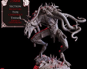 Pode incluir: Uma detalhada estatueta cinzenta de Goat Idol com chifres, tentáculos e aparência esquelética. A base apresenta crânios e detalhes ósseos. O texto diz "75mm, Section Monsters, Type Construct, Theme Devil's Offspring." O texto "GOAT IDOL" está na base.
