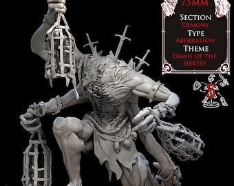 May include: A grey, detailed figurine of a monstrous being, kneeling with multiple arms and swords embedded in its back. It holds cages containing figures. Text on the image reads "HORROR BEARER" and "DAWN OF THE HERESY".