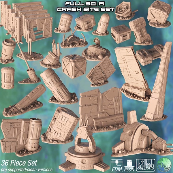 SciFi Crash Site Terrain - Canister, supply drop, Star Wars fighter/walker pieces, antenna, turret - Wargaming RPG Miniature Skirmish Games