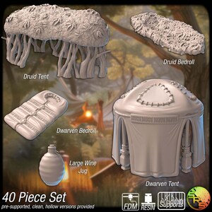 May include: A collection of 3D-printed fantasy terrain pieces, including a Druid Tent, Dwarven Bedroll, and a Large Wine Jug. The set includes a Dwarven Tent and a Druid Bedroll. The text "40 Piece Set" is visible.