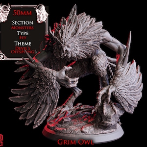 May include: A detailed gray Grim Owl figurine with feathered wings and a menacing pose. The sculpture features text that reads "50mm Section Monsters Type Fey Theme Devil's Offspring". The base is a dark red color.