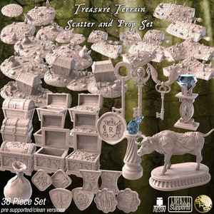 Treasure terrain - treasure piles, chests, gold, diamond, statue, keys, coins, props - Wargaming RPG Miniature Skirmish Games