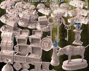 Treasure terrain - treasure piles, chests, gold, diamond, statue, keys, coins, props - Wargaming RPG Miniature Skirmish Games