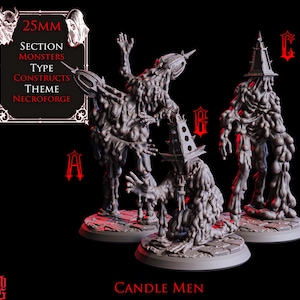 May include: Three gray, textured candle men figures with detailed, melted wax-like bodies. Each figure has a unique pose and hat. The image includes text that reads "25mm Section Monsters Type Constructs Theme Necroforge" and "Candle Men".