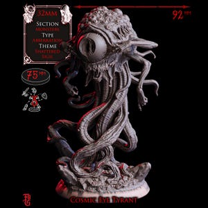 Könnte beinhalten: Eine graue Harzminiatur eines Cosmic Eye Tyrant mit einem großen zentralen Auge, mehreren kleineren Augen oben und zahlreichen Tentakeln. Die Figur steht auf einer 75mm Basis und ist insgesamt 92mm hoch. Text: Section Monsters, Type Aberration, Theme Shattered Sigil.